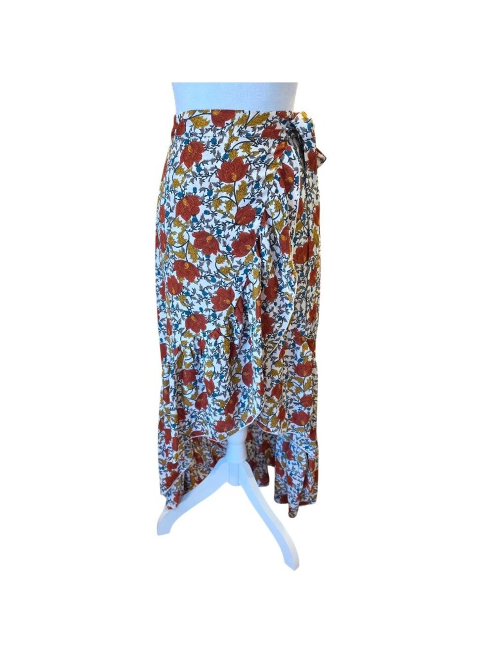 Floral Wrap Midi Skirt S Ditsy Red White Ruffle Hem Cottagecore Milkmaid Hommage
